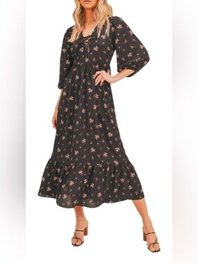Lush Black Maxi Dress with Pink Floral Print